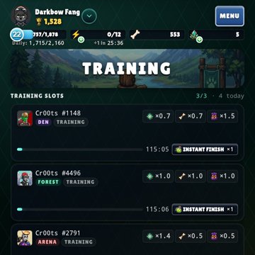 The image shows a list of training slots available at a gaming event, with various game names displayed below them. The main focus of the image is a message that reads "Training slots" followed by a list of game names such as "Wolfage", "Forest", and "Cr00tsNFT". The post also mentions a new top tip for gamers to use Wolfage's training system, which involves using the game characters' abilities in real-life situations.