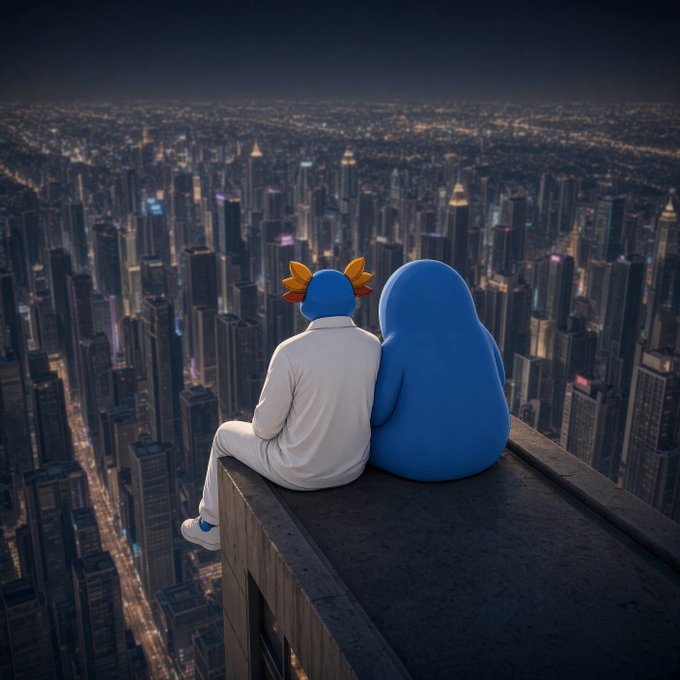 A 3D-rendered illustration of a figure in white clothing and a blue cap with orange leaf-like accents sitting beside a blue blob character, overlooking a sprawling nighttime cityscape from a rooftop.