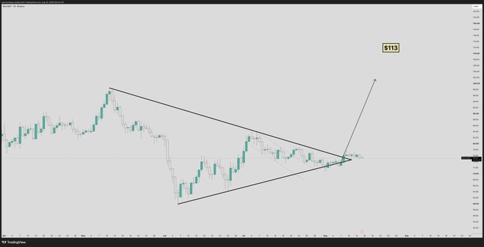 A TradingView chart of $SOL (Solana) shows a symmetrical triangle pattern on the daily timeframe, with price currently testing the upper trendline resistance, suggesting a bullish breakout could be imminent toward the $113 price target displayed on the chart, aligning with the post's prediction of $SOL reaching $100+.