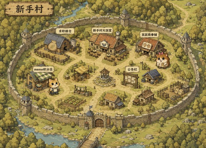 A charming illustrated map of '新手村' (Newbie Village) showing a walled settlement with various labeled buildings including a warehouse, tavern, and notice board, with cute cat and hamster characters.