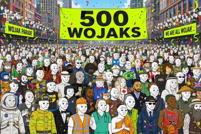 An illustration of a massive crowd parade featuring hundreds of different Wojak meme characters under a yellow banner reading '500 WOJAKS' with side banners 'WOJAK PARADE' and 'WE ARE ALL WOJAK'.