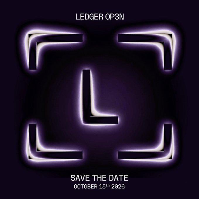 A neon purple 'Save the Date' graphic for 'LEDGER OP3N' featuring a stylized glowing 'L' surrounded by corner brackets, with the date 'OCTOBER 15th 2026' displayed at the bottom.