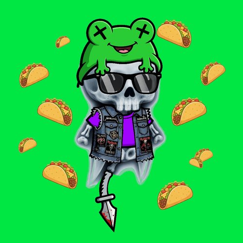 A digital illustration featuring a skeleton character wearing a vest and sunglasses, with a green frog sitting on its head, surrounded by floating tacos against a green background.