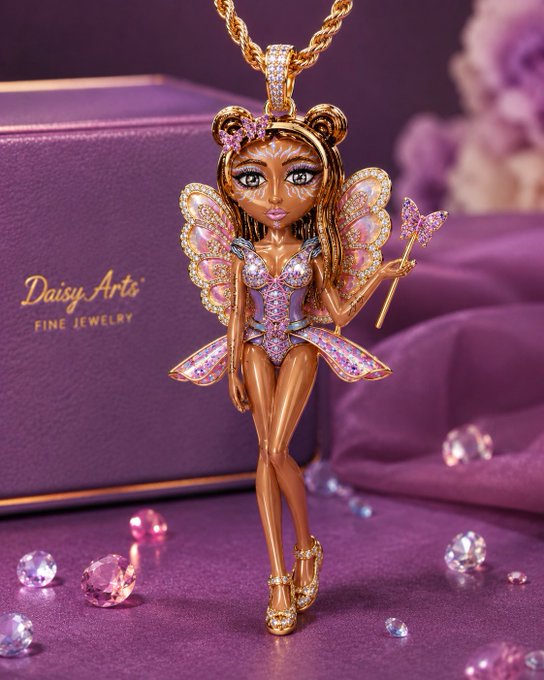 A luxurious jewelry pendant featuring a fairy figurine in a purple and pink gemstone outfit with butterfly wings, displayed in front of a 'Daisy Arts Fine Jewelry' purple box.