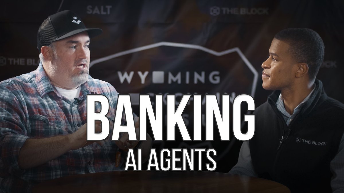 Two men converse in an interview setting at 'THE BLOCK' and 'SALT' event with a 'WYOMING' backdrop, overlaid with text reading 'BANKING AI AGENTS.'