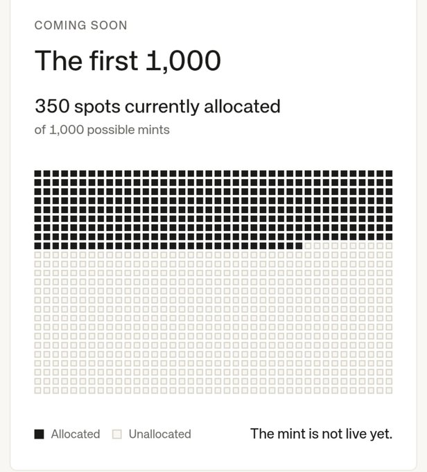 A 'Coming Soon' progress card titled 'The first 1,000' showing 350 spots currently allocated out of 1,000 possible mints, with a grid of black and white squares indicating allocation status.
