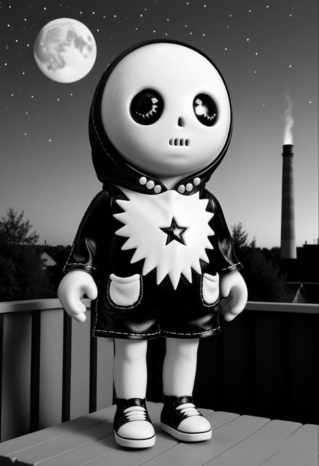 A black and white illustration of a stylized figurine character with a skull-like hooded face, wearing shorts with a star emblem, standing on a rooftop at night with a full moon and smokestack in the background.