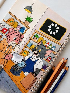 A watercolor sketch in a sketchbook shows an anthropomorphic pink leopard and a gray cat working at a coffee shop counter, with colored pencils resting on the page.
