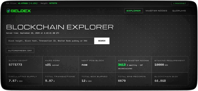 A screenshot of the BELDEX blockchain explorer dashboard showing block height 5773773, circulating supply 7.87 billion BDX, and total transactions 5.97 billion.