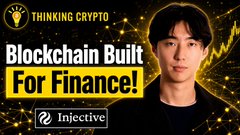 A man in a black shirt stands beside promotional text reading "THINKING CRYPTO," "Blockchain Built For Finance!" and the Injective logo, illustrating the post about Injective CEO Eric Chen discussing surging institutional demand for asset tokenization.