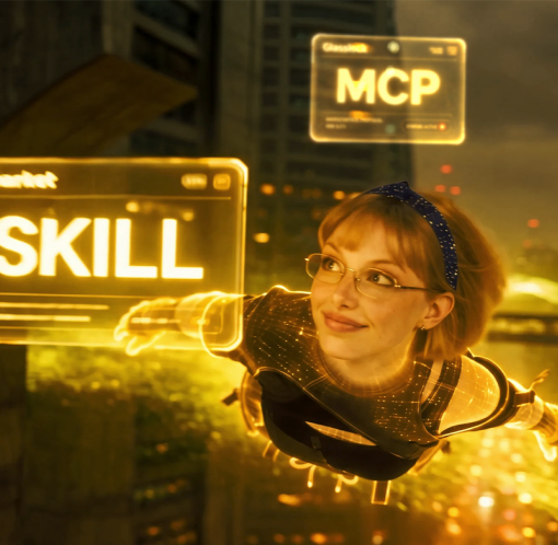 A stylized, AI-generated image of a woman with glasses and a blue headband appearing to fly like Iron Man through a futuristic city, alongside holographic UI panels labeled 'SKILL' and 'MCP'.