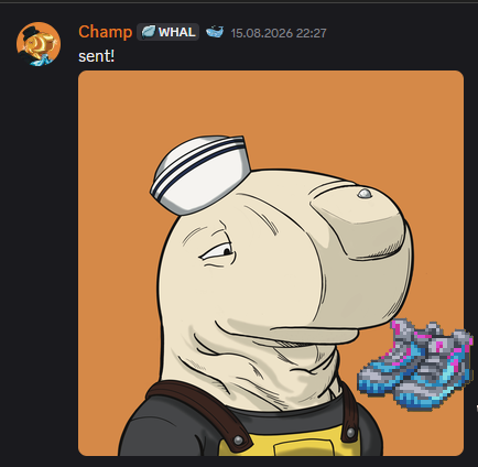 A Discord-style message from a user named 'Champ' with a 'WHAL' badge, timestamped 15.08.2026 22:27, containing the text 'sent!' and an image of a cartoon bear character alongside pixel-art NFT-style sneakers.