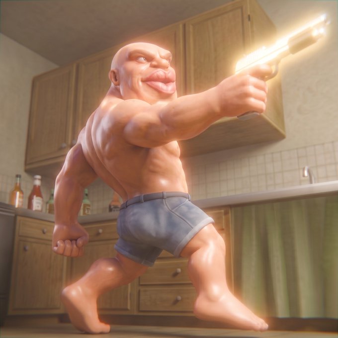 A 3D illustration of a muscular, bald humanoid figure in blue shorts firing a glowing shotgun in a kitchen setting.