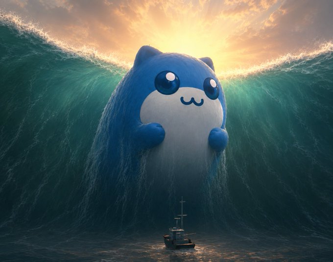 A digital illustration of a large blue and white cartoon cat creature emerging from ocean waves with a small ship at its base, set against a sunset sky.