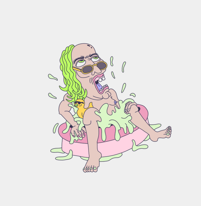 A colorful cartoon illustration of a bald figure with long green hair, sunglasses, and a mustache, sitting in a pink kiddie pool while green slime splashes around them and an orange rubber duck sits nearby.