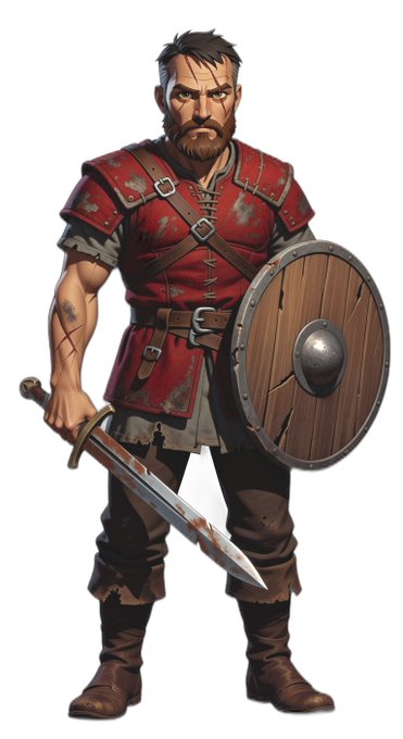 A digital illustration of a rugged medieval warrior with a beard, wearing a red tunic, holding a sword and a round wooden shield.