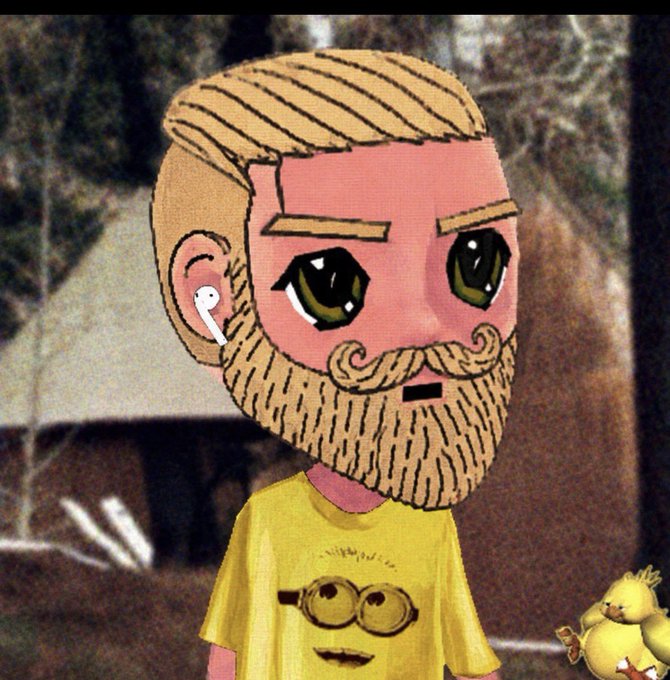 A digital drawing of a bearded character with a red face, AirPods in his ear, wearing a yellow shirt featuring a Minion, with a small yellow chick in the corner.