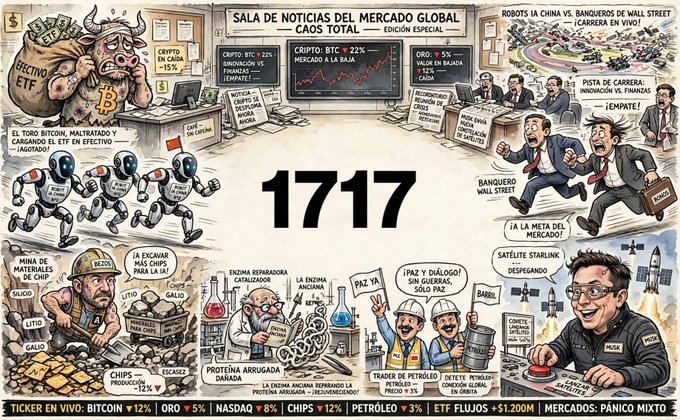 A Spanish-language satirical editorial cartoon titled 'SALA DE NOTICIAS DEL MERCADO GLOBAL' depicting various financial market themes including Bitcoin, ETFs, Wall Street bankers, oil traders, and figures like Musk and Stargate, with a large '1717' number in the center and a ticker showing Bitcoin, Gold, NASDAQ, CHIPS, and Oil prices.