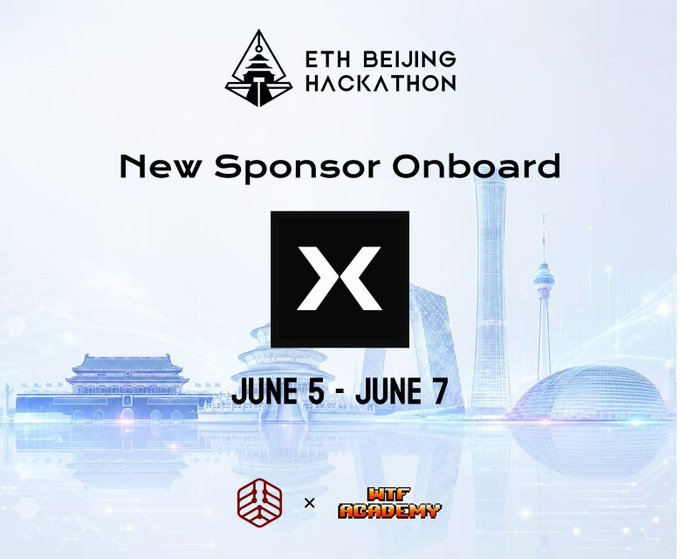 The image features a poster advertising an upcoming event called "ETH Beijing Hackathon". The poster includes a logo of a building with a tower, which represents the city of Beijing. It also displays text that reads "New Sponsor Onboard" and "X", possibly indicating the start date or sponsorship details for the event. Additionally, there is a description of the event in black text at the bottom of the poster.