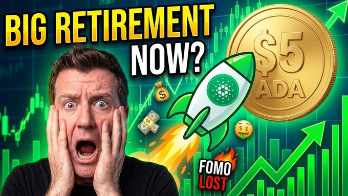 A shocked man holds his face in his hands next to a YouTube thumbnail featuring a rocket, a gold coin labeled '$5 ADA', and bold text reading 'BIG RETIREMENT NOW?' and 'FOMO LOST'.
