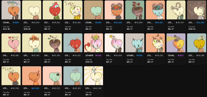 A grid of NFT listings from a 'Lost sale' or 'Top offer' collection, displaying heart-shaped character avatars with bids such as '#4,676', '#4,266', and '#4,734'.