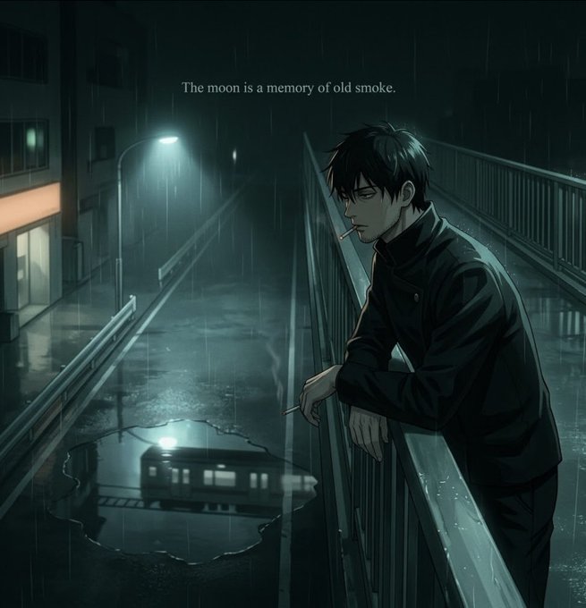 Anime-style illustration of a man smoking a cigarette while leaning on a railing in a rainy night scene, with the text 'The moon is a memory of old smoke.'