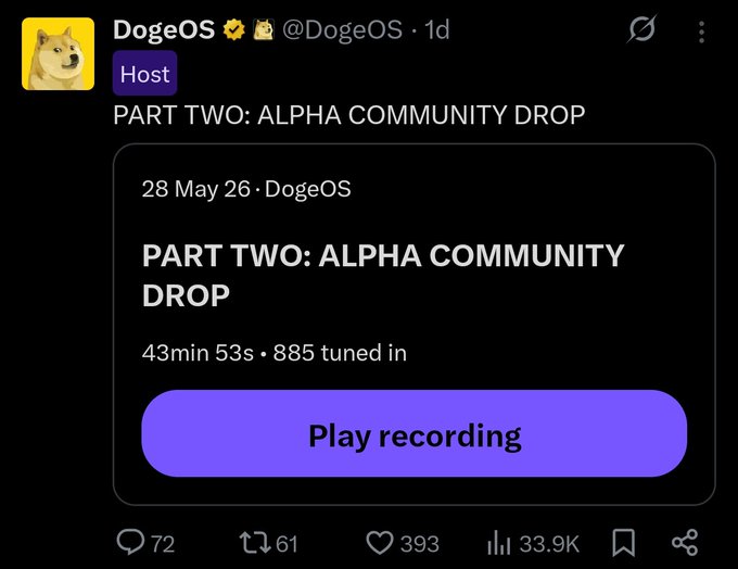 The image features a black Twitter screen displaying a message posted by @DogeOS. The post is related to a hashtag, "Alpha Community Drop", where users are encouraged to participate in activities for DOGE currency or Bitcoin. The text of the post emphasizes that Alpha Community Drop is happening at 26 May and will involve 43 minutes 53 seconds as the time for which the recording needs to be played. The image's focus on both content and platform highlights how social media platforms like Twitter can help spread important information related to various topics, such as cryptocurrency trends or community-building initiatives in this case.