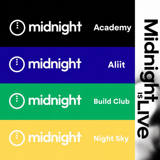The image features a poster with four different color schemes for Midnight, including blue, green, yellow, and black. The poster has a white border around the text "Midnight" and "Academy", which indicates that this is an advertisement or promotional material related to Midnight Academy. The colors used in each scheme are as follows:
1. Blue - Top left corner of poster
2. Green - Middle section of poster (top right)
3. Yellow - Bottom right corner of poster
4. Black - Bottom left corner of poster