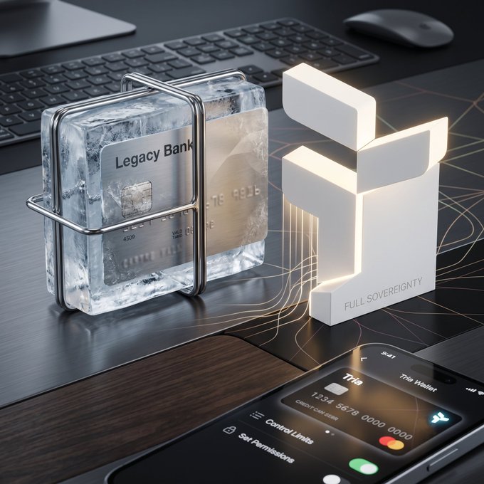 The image features a smartphone displaying an app called @useTria that allows users to freeze their credit card immediately upon making an unusual transaction abroad. The phone is placed next to two cubes, one of which has a credit card attached to it. A keyboard can also be seen in the background, suggesting that this scene takes place on a desk or table.
