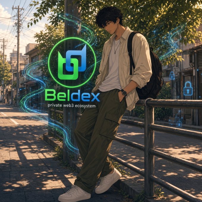 An anime-style illustration of a young man with a backpack leaning against a railing on a street, with a glowing 'Beldex - private web3 ecosystem' logo floating beside him.