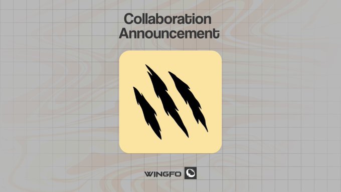 A "Collaboration Announcement" graphic featuring a yellow app icon with three black claw marks, branded with the Wingfo logo, which accompanies the news of Wingfo's partnership with Felis NFT to announce an upcoming mint with a supply of 3001.