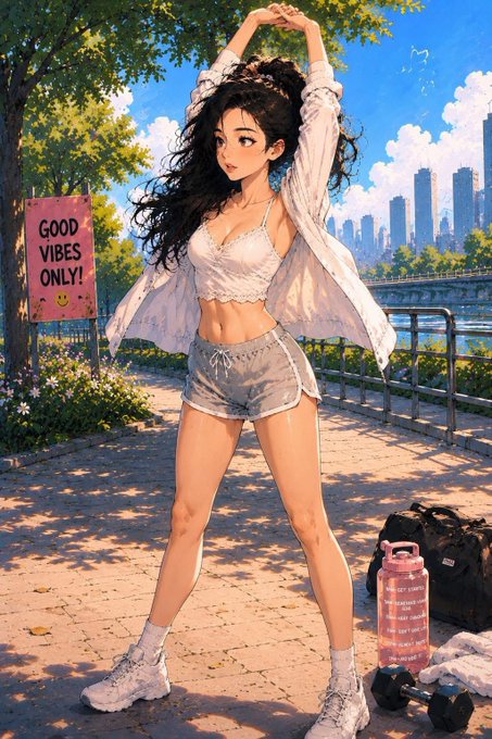 The image features a woman with long hair, dressed in shorts and white sneakers, standing next to some exercise equipment such as dumbbells and a water bottle. The scene takes place outdoors near a park or walking path. In the background, there is a sign that reads "Good vibes only".