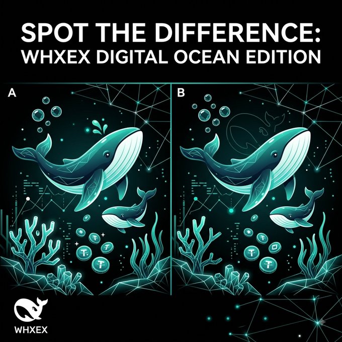 A 'SPOT THE DIFFERENCE: WHXEX DIGITAL OCEAN EDITION' puzzle showing two side-by-side underwater scenes with whales, fish, and coral, where image B includes a faint outline of a second whale.