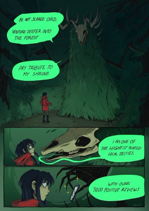 A comic panel depicting a child encountering a forest wicker creature that describes itself as one of the highest-rated local deities with over 3000 positive reviews.