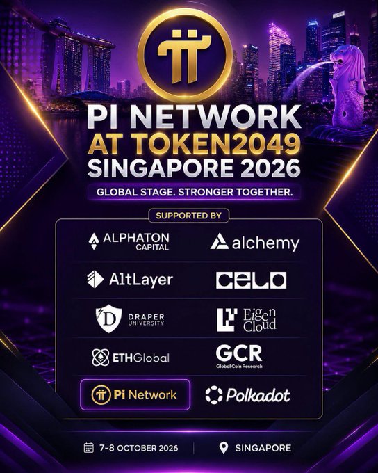 A promotional poster for "PI NETWORK AT TOKEN2049 SINGAPORE 2026" featuring supporters including Alphaton Capital, Alchemy, AltLayer, CELO, Draper University, Eigen Cloud, ETHGlobal, GCR, Pi Network, and Polkadot, taking place 7-8 October 2026 in Singapore.