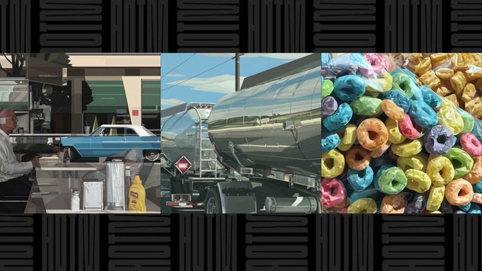 A triptych with the word "WOOO" repeated as a border, showing a retro diner scene, a silver tanker truck, and colorful Froot Loops cereal.