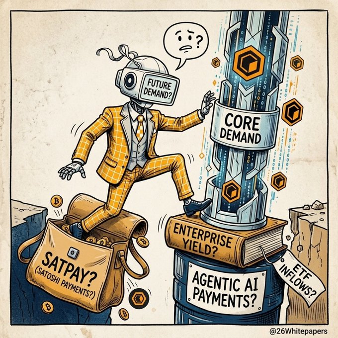 A cartoon robot in a yellow suit leaps from a "SATPAY (Satoshi Payments?)" bag toward a "CORE DEMAND" pillar, with visible labels including "FUTURE DEMAND?", "ENTERPRISE YIELD?", "AGENTIC AI PAYMENTS?", and "ETF INFLOWS?" floating around it. The image humorously illustrates the post's theme of bridging Satoshi payments with Core blockchain demand, highlighting speculative questions about enterprise yield, AI-driven payments, and ETF inflows as key pillars supporting Core's future adoption.