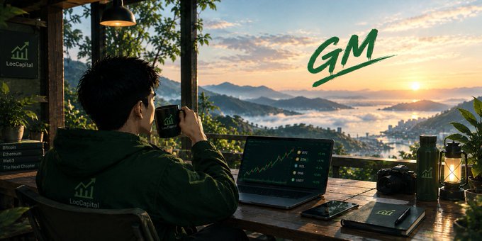 A man sits at a wooden desk overlooking a misty mountain sunrise, sipping from a "LocCapital" mug while reviewing a "GM" trading chart on his laptop, with a "LocCapital" water bottle and journal beside him—capturing the post's message of embracing each new day as a fresh opportunity to build, learn, and progress.