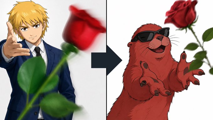 An anime-style man in a suit offers a rose, which an arrow points to as transforming into a cool mole wearing sunglasses holding a rose.