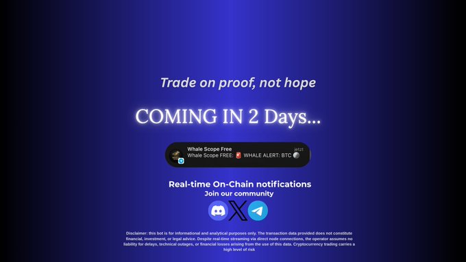 A promotional graphic with a blue background displays the text 'Trade on proof, not hope' and 'COMING IN 2 Days...' along with the Whale Scope Free logo.