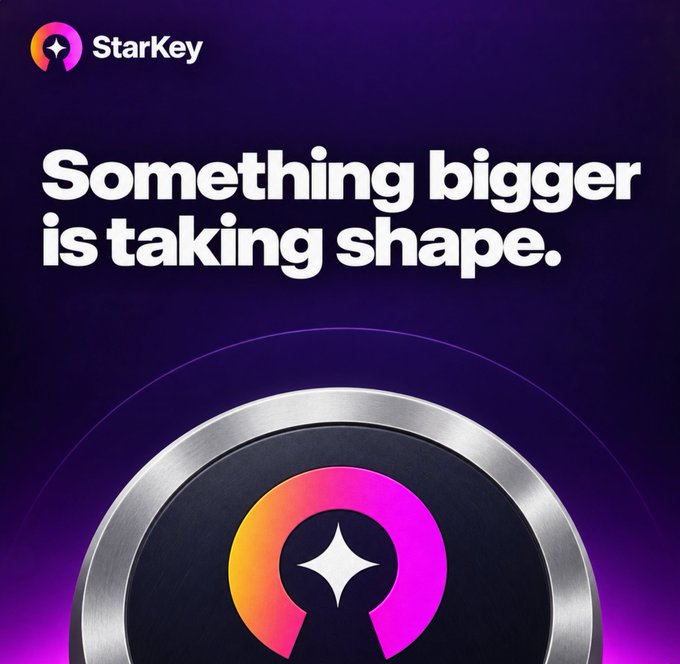 A promotional graphic for Starkey displays the tagline "Something bigger is taking shape." alongside the Starkey logo, which features a colorful circular emblem with a star keyhole design—visually echoing the announcement about Starkey wallets and the upcoming Starkey Season.