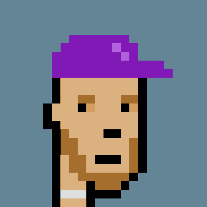 A pixel art CryptoPunk character with a purple cap and stubble appears against a blue background. The image represents Punk #5511, a stubble-faced character with a purple hat from the CryptoPunks collection, which was reportedly bought for 0 ETH as noted in the accompanying post.
