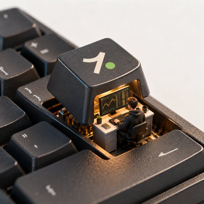 A creative digital artwork showing a miniature figure (representing a trader/investor) sitting at a desk with computer monitors displaying stock charts, hidden inside a giant keyboard key marked with a logo.
