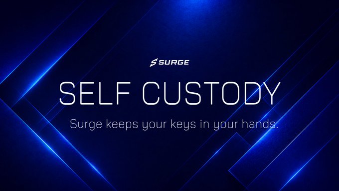 A dark blue graphic with the text 'SURGE', 'SELF CUSTODY', and 'Surge keeps your keys in your hands.'