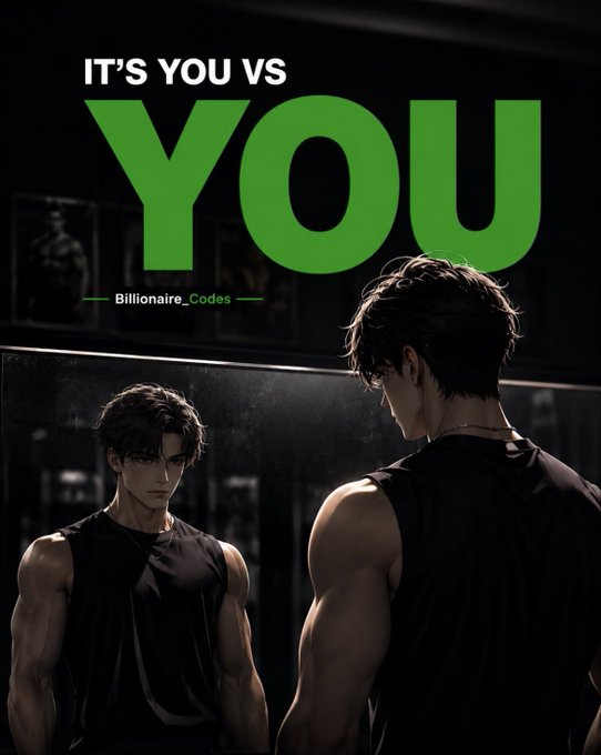 A motivational graphic reads "IT'S YOU vs YOU" by "Billionaire_Codes," featuring an anime-style young man looking at his muscular reflection in a mirror.