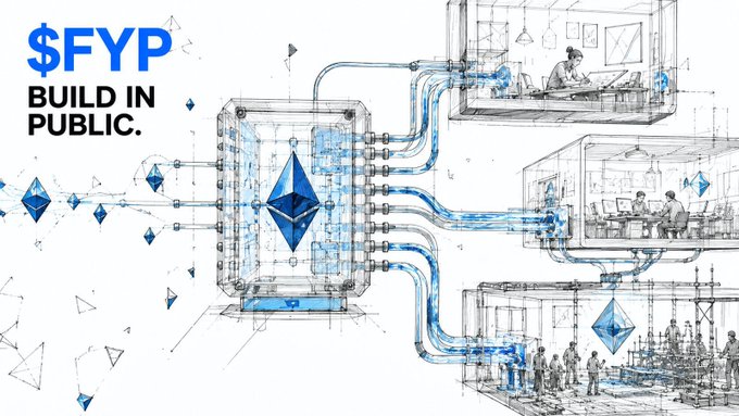 An illustration featuring the text '$FYP BUILD IN PUBLIC.' with a blueprint-style drawing of an Ethereum computer connected by pipes to scenes of people working in office and construction settings.