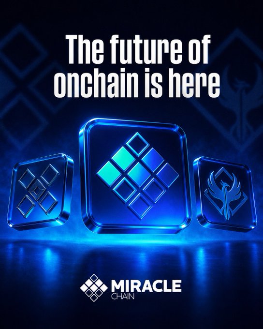 Promotional graphic reading 'The future of onchain is here' featuring three glowing blue cryptocurrency tokens above the 'MIRACLE CHAIN' logo.