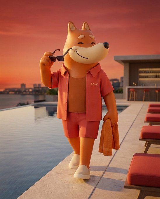 A 3D rendered illustration of an anthropomorphic Shiba Inu dog named BONK wearing a pink/red outfit, holding sunglasses and a towel, walking by a poolside at sunset.