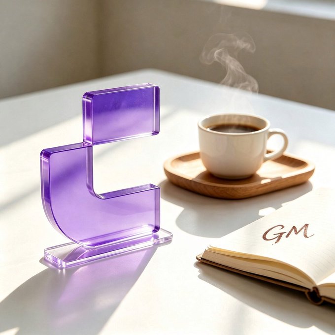 A cozy scene with a translucent purple acrylic sculpture on a white desk, accompanied by a steaming cup of coffee on a wooden saucer and an open notebook with 'GM' written in cursive on the page.
