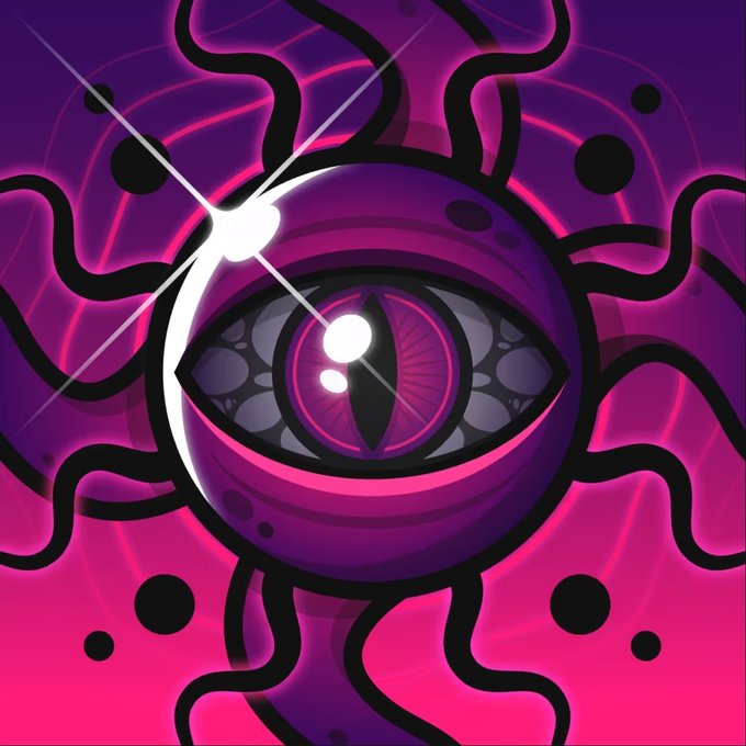 A vibrant pink and purple psychedelic illustration of a mystical eye with radiating black tendrils and glowing white sparkles. The cosmic, all-seeing design complements the "GM friends!" greeting, evoking a spiritual awakening vibe fitting for the SpaceRidersXYZ community.